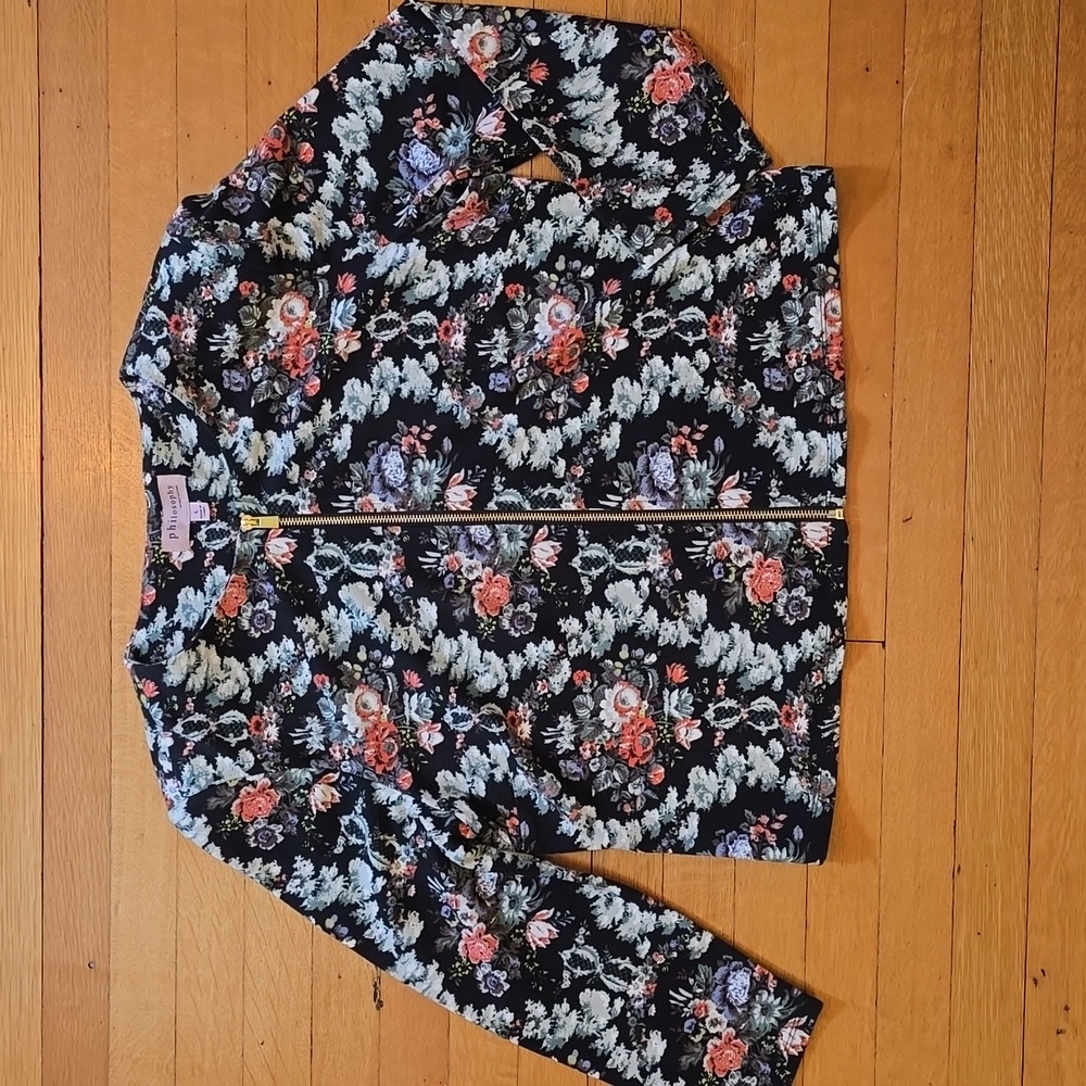 Philosophy, Black Floral Zip Up Blazer Jacket, 3/4 Sleeves, Boxy, EUC, Women's L
